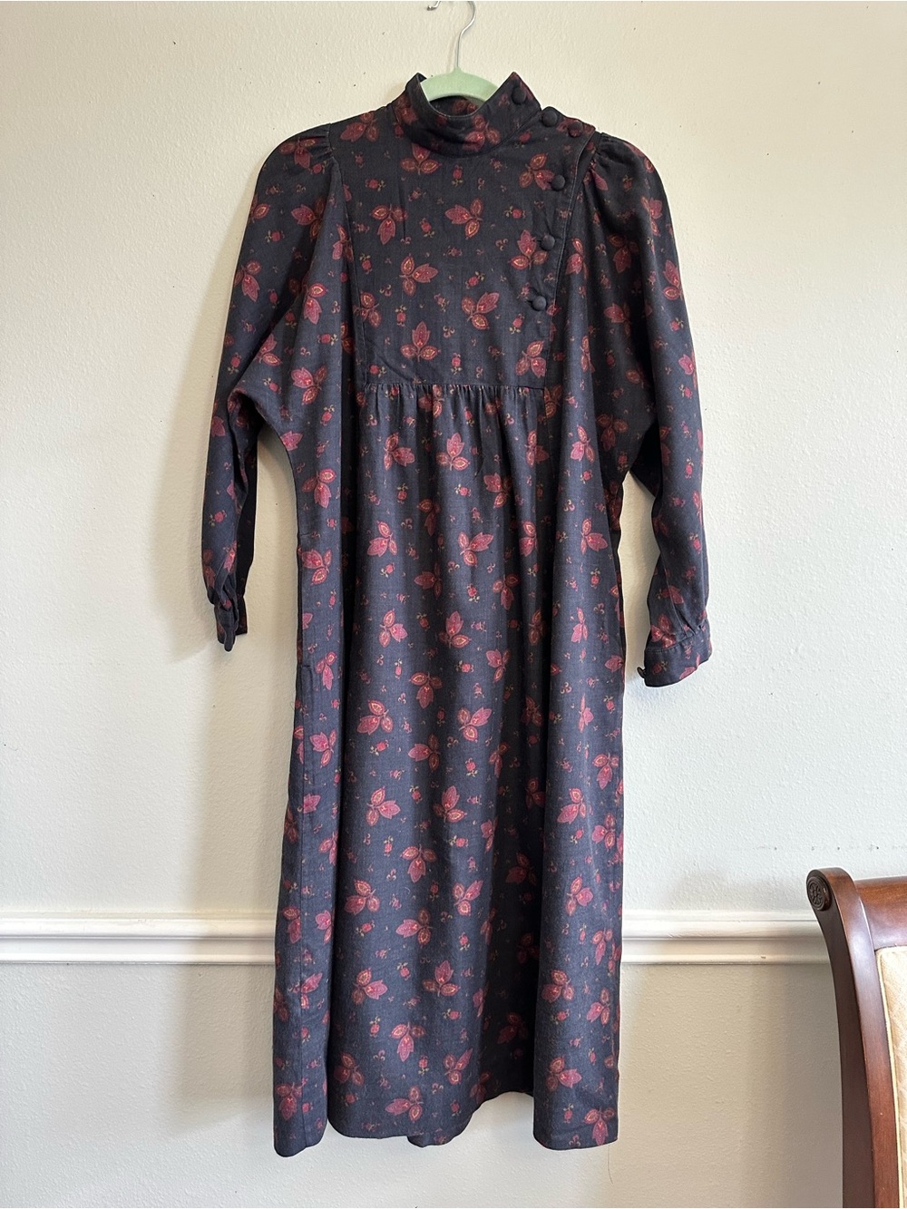 Laura Ashley Blue Maxi Dress, Red Floral print cotton/wool, vintage